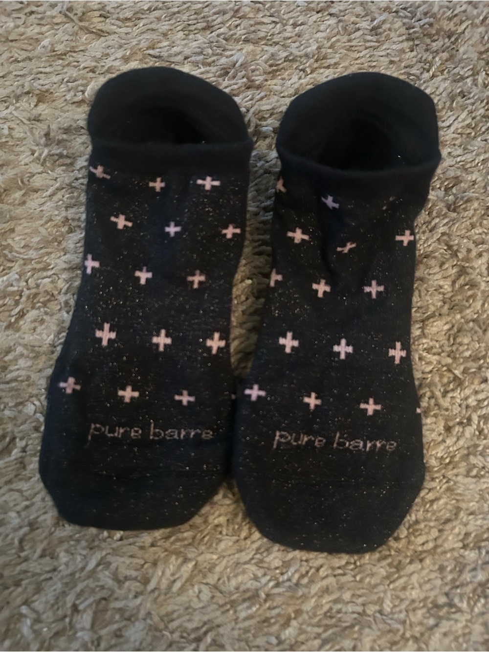 Pure Barre Black Low-Cut Sparkle Grip Socks with Pink Crosses
